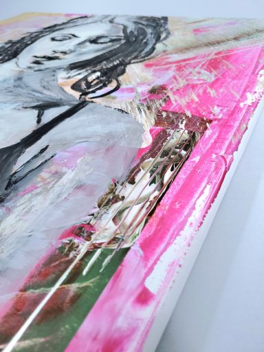 Abstrakt-figuratives Gemälde „Zuversicht“ – Seitenansicht der oberen Leinwandhälfte mit dem dynamischen Farbauftrag in Pink, Schwarz und Wei