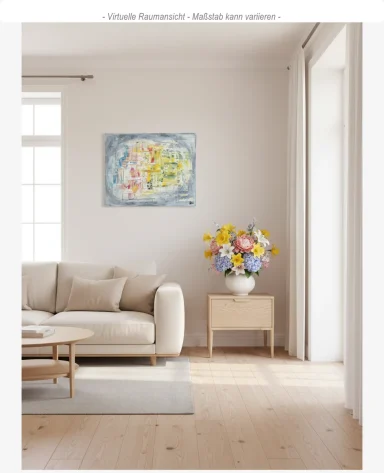 Abstraktes Acrylgemälde von mibkunst in sanften Grau-, Gelb-, Grün- und Rosatönen