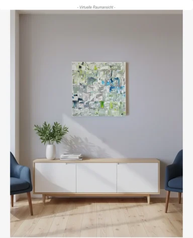 Abstrakte Malerei in verschiedenen Grüntönen mit blauen und grauen Akzenten.