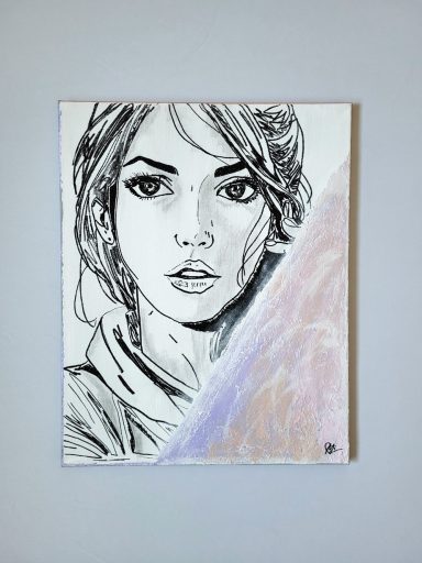 Modernes Porträt einer jungen Frau mit langen Haaren und ausdrucksstarkem Gesicht, Kunstwerk von mibkunst.de