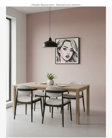 Porträt Acryl Gemälde einer hübschen Frau mit langen Haaren und ausdrucksstarken Augen auf rosa Hintergrund