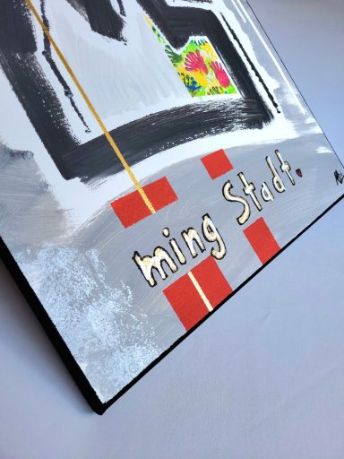 Acrylbild mit Kölner Dom in Rot und Weiß, goldener Akzentlinie und buntem Detail – moderne Köln Kunst auf Leinwand 50x40 cm