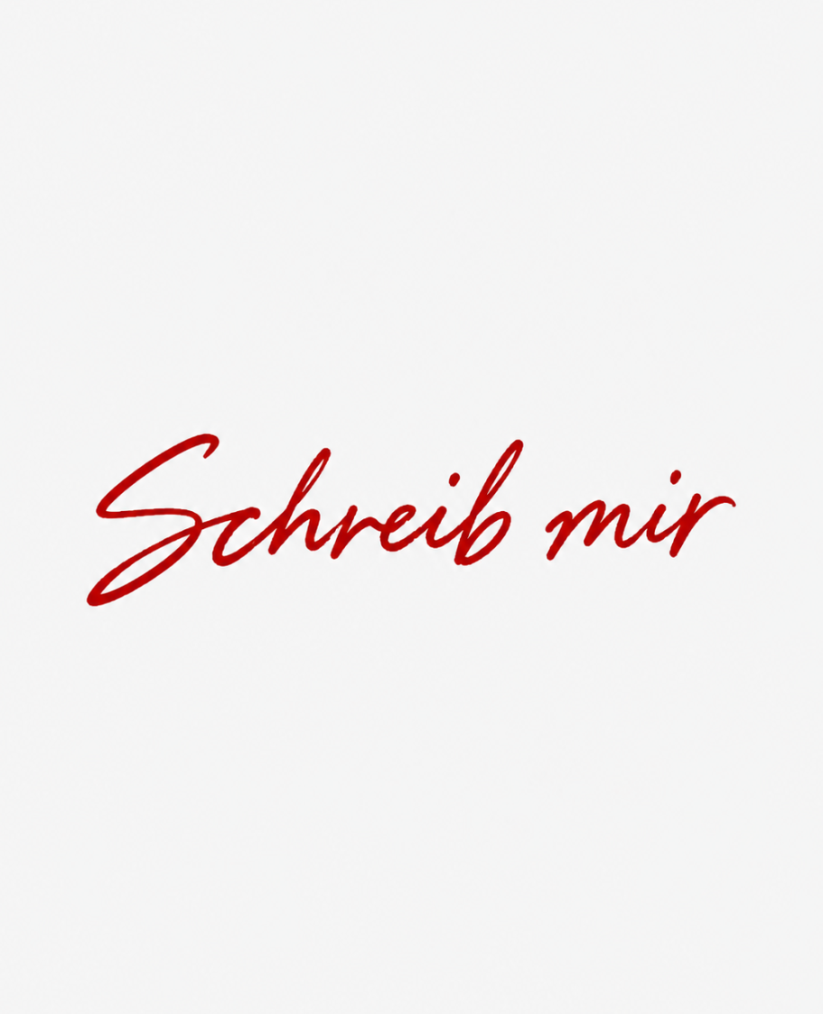 „Schreib mir“ – rote handgeschriebene Schrift auf hellem Hintergrund als Kontakt-Hinweis auf der Website von mibkunst.de