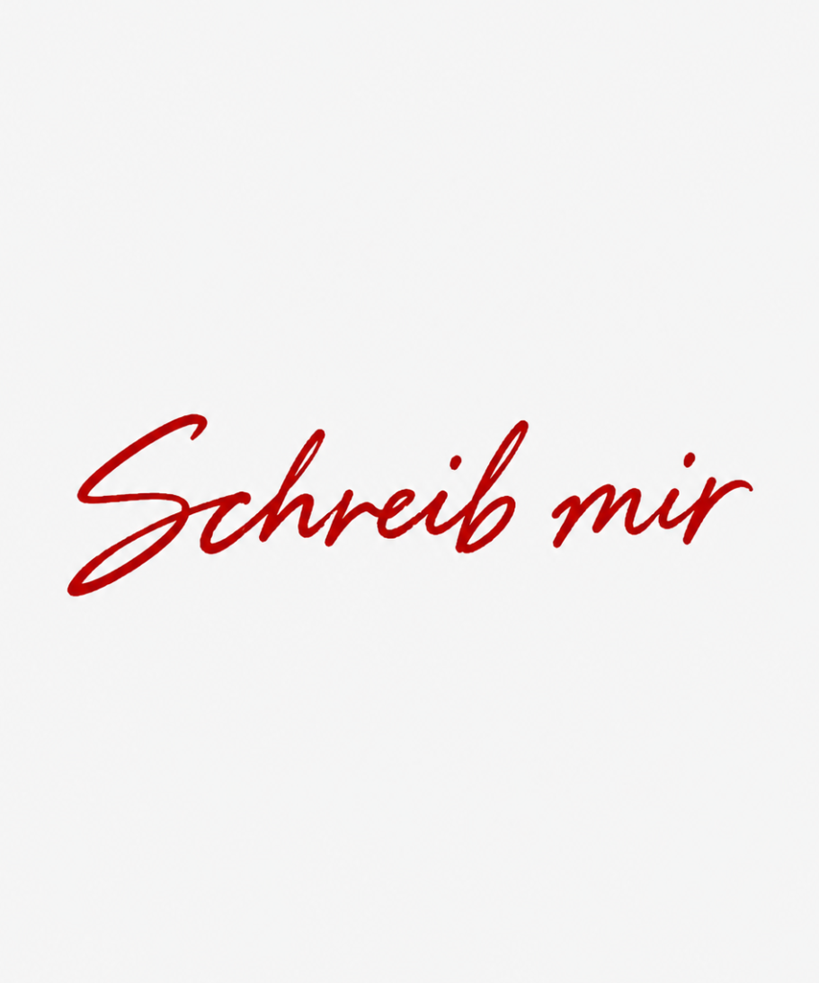 „Schreib mir“ – rote handgeschriebene Schrift auf hellem Hintergrund als Kontakt-Hinweis auf der Website von mibkunst.de.