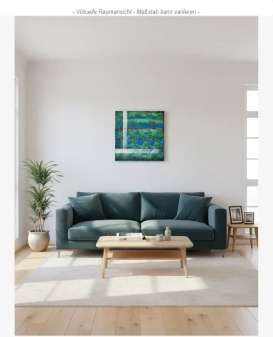 Acryllandschaft „Zwischen den Strömungen“ auf Leinwand in Blau- und Grüntönen, abstrakt, mit klaren Linien, die Bewegung und Ruhe verbinden