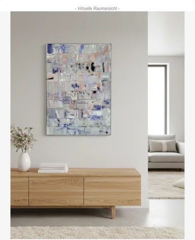 Moderne Abstrakte Malerei in Grau, Blau und Pastelltöne mit unregelmäßigen Mustern.