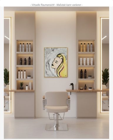 Acrylbild „Schwung – Cléa“ mit blondem Frauenporträt, warmen Orange- und Gelbtönen und grauem Hintergrund, moderne Kunst auf Leinwand 50x40 