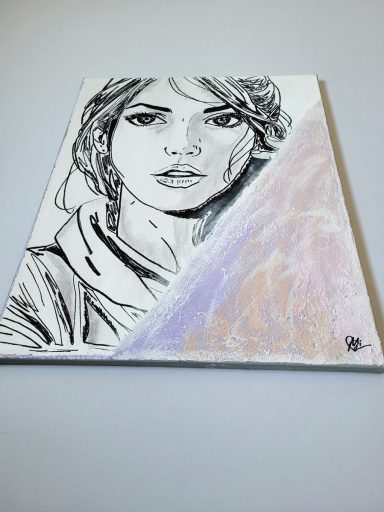 Modernes Porträt einer jungen Frau mit langen Haaren und ausdrucksstarkem Gesicht, Kunstwerk von mibkunst.de