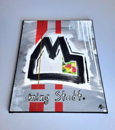 Acrylbild mit Kölner Dom in Rot und Weiß, goldener Akzentlinie und buntem Detail – moderne Köln Kunst auf Leinwand 50x40 cm