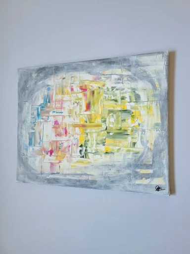 Abstraktes Acrylgemälde von mibkunst in sanften Grau-, Gelb-, Grün- und Rosatönen