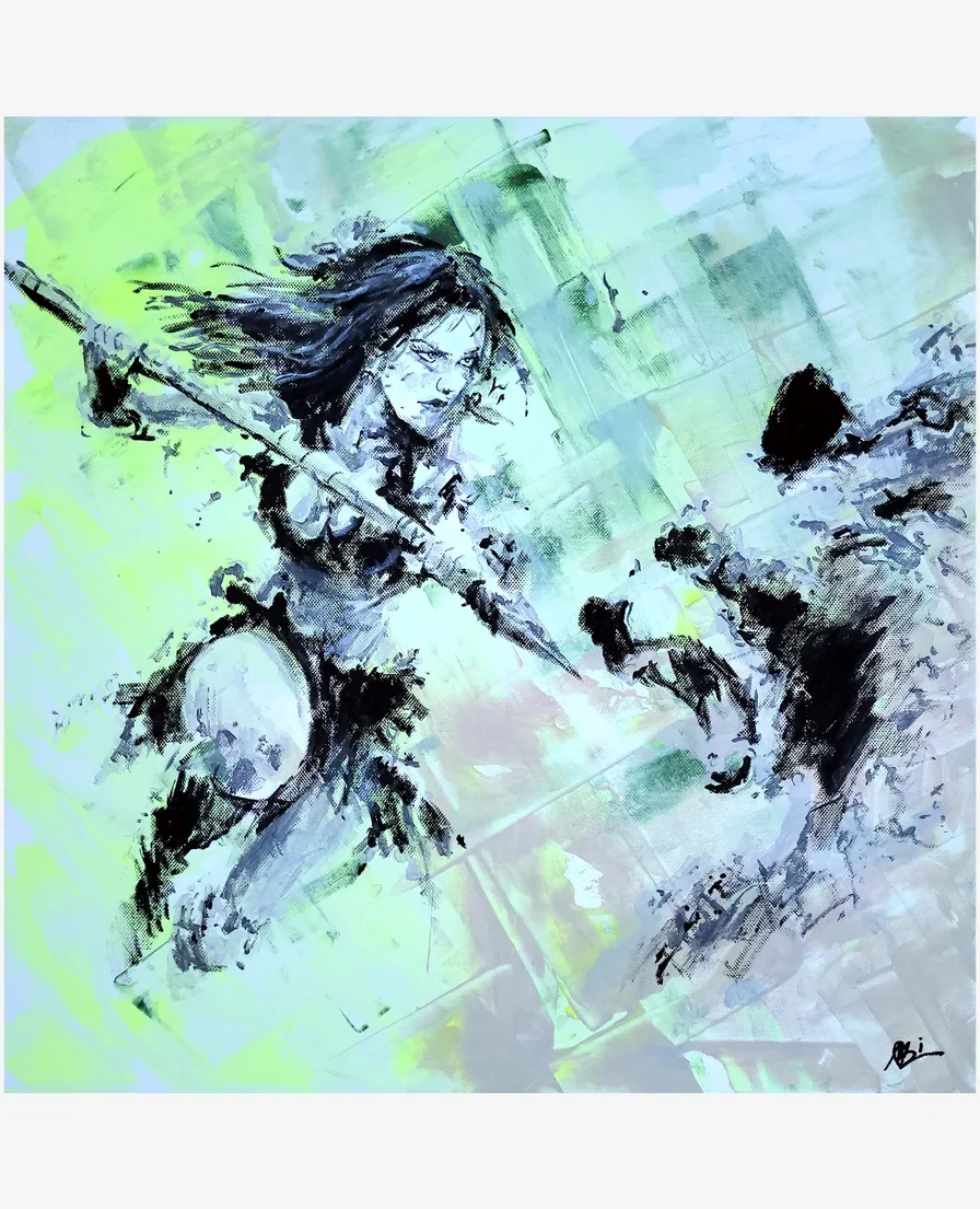 The Bear Within – modernes abstrakt-figuratives Gemälde einer Kämpferin im Kampf mit einem Bären, Acryl auf Leinwand mit Neoneffekt.