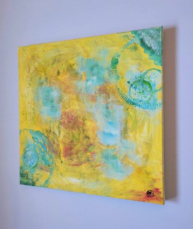 Bunte abstrakte Malerei mit Gelb- und Blautönen sowie schwungvollen Formen.