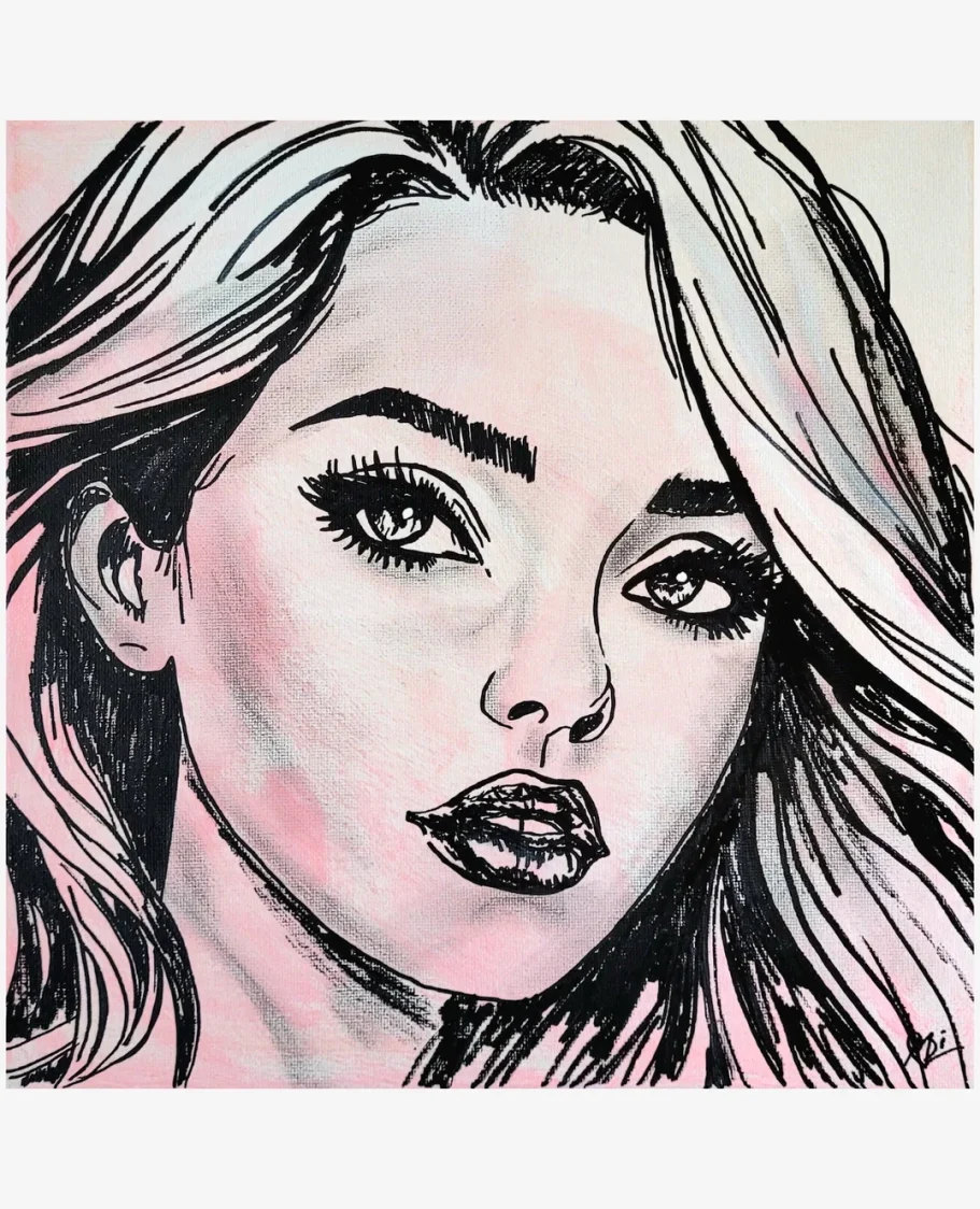 Porträt Acryl Gemälde einer hübschen Frau mit langen Haaren und ausdrucksstarken Augen auf rosa Hintergrund