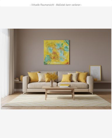 Mockup zu Bunte abstrakte Malerei mit Gelb- und Blautönen sowie schwungvollen Formen.