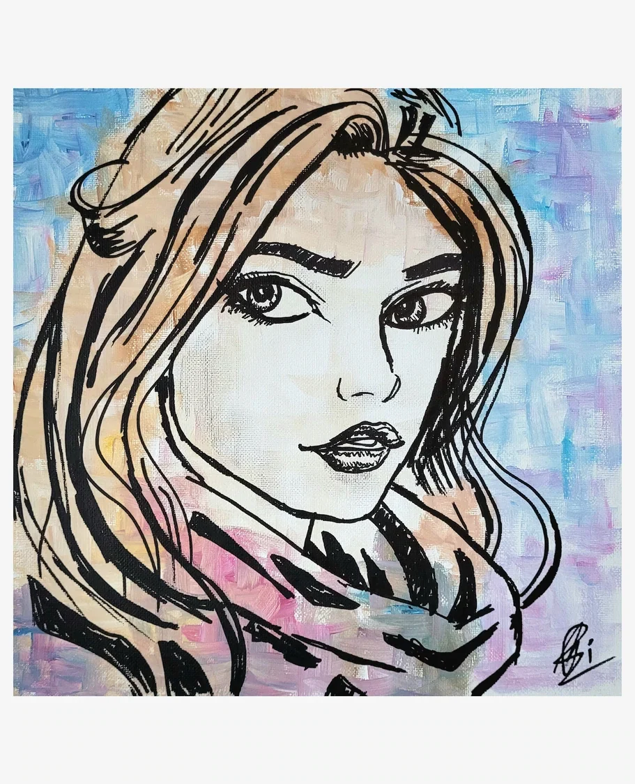 Malerei einer Frau mit langen Haaren und einem bunten Schal im abstrakten Hintergrund in abgestimmter farblicher Komposition