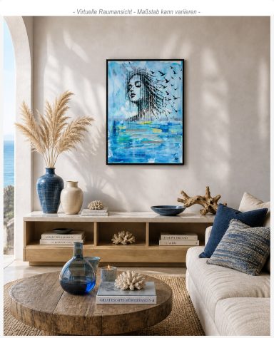 Das moderne Gemälde Aufwind als stilvolle Wanddekoration in einem hellen Wohnzimmer über einem Sideboard.
