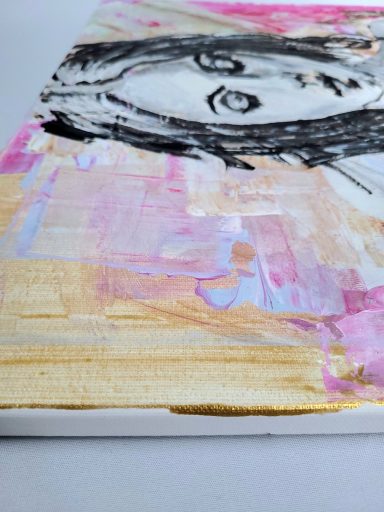 Abstrakt-figuratives Gemälde „Zuversicht“ – Nahaufnahme des ausdrucksstarken Gesichts in Graustufen mit den markanten schwarzen Konturen.