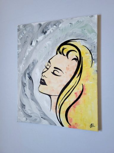 Acrylbild „Schwung – Cléa“ mit blondem Frauenporträt, warmen Orange- und Gelbtönen und grauem Hintergrund, moderne Kunst auf Leinwand 50x40 