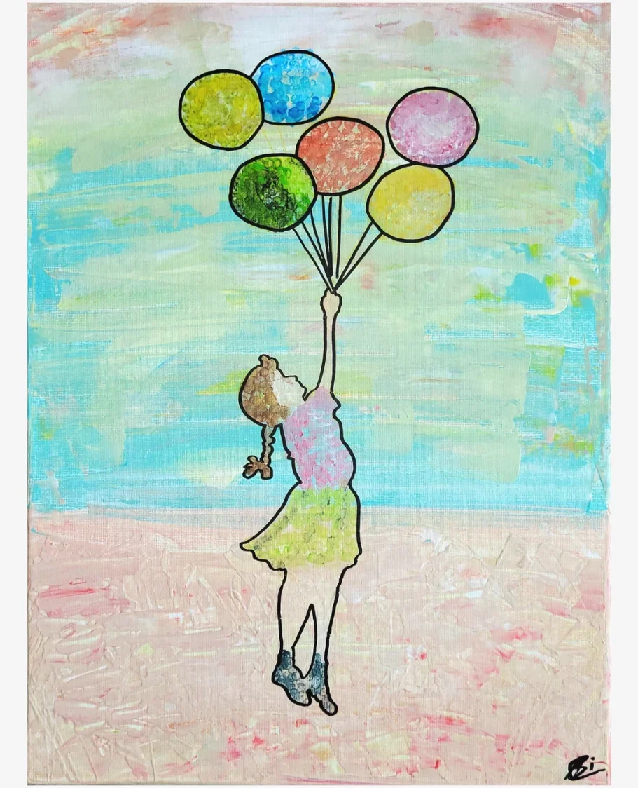 Ein modernes Acrylbild, wo ein Mädchen in einem bunten Kleid bunte Ballons hoch hält in den Himmel.