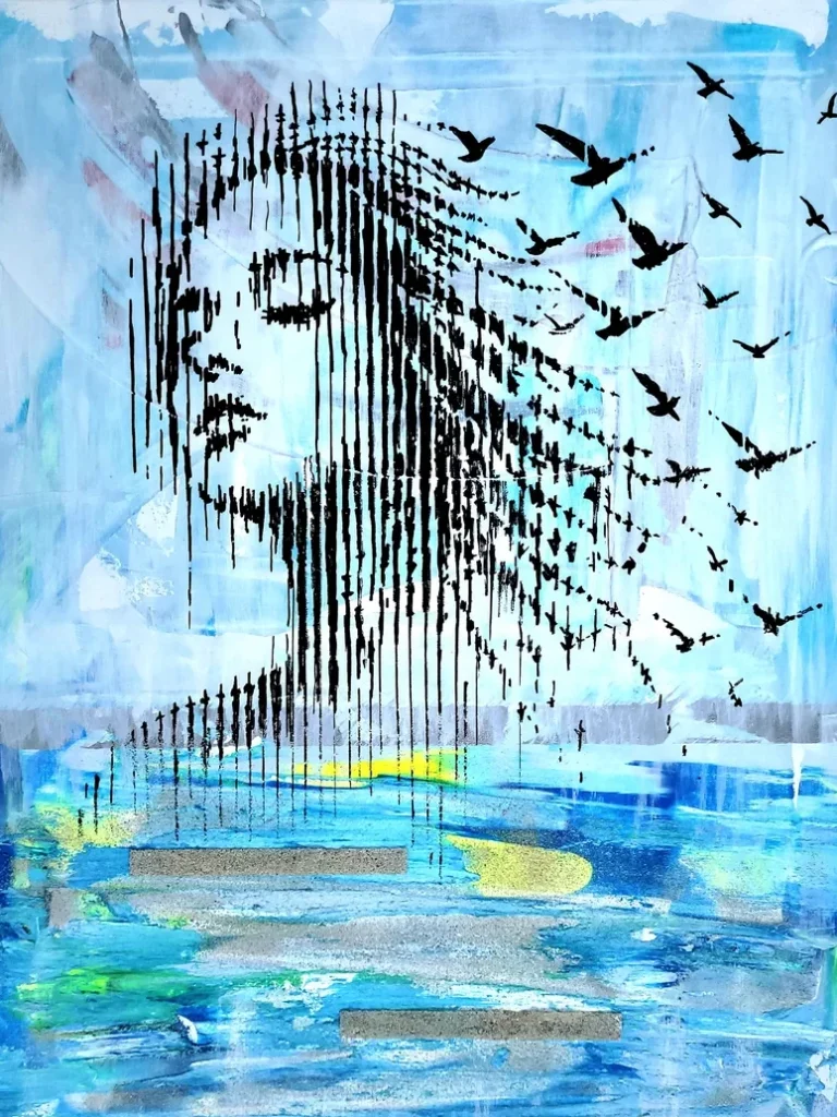 Abstraktes Gemälde „Aufwind“ – Frauenprofil aus Linien und Vogelsilhouetten vor blauem, wasserartigem Hintergrund, Original auf Leinwand
