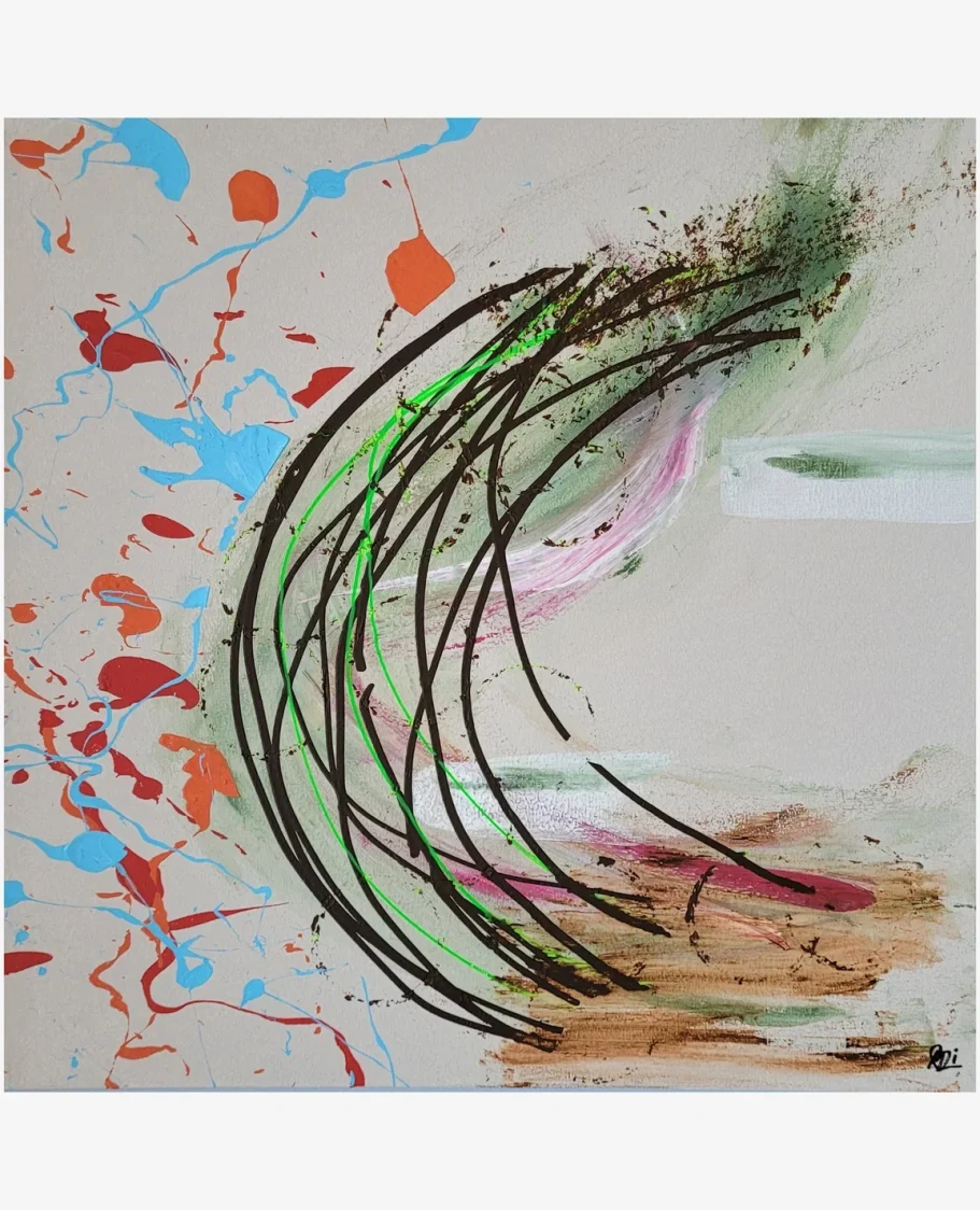 Abstraktes Gemälde mit geschwungenen Linien, Farbklecksen in Blau, Rot und Grün.