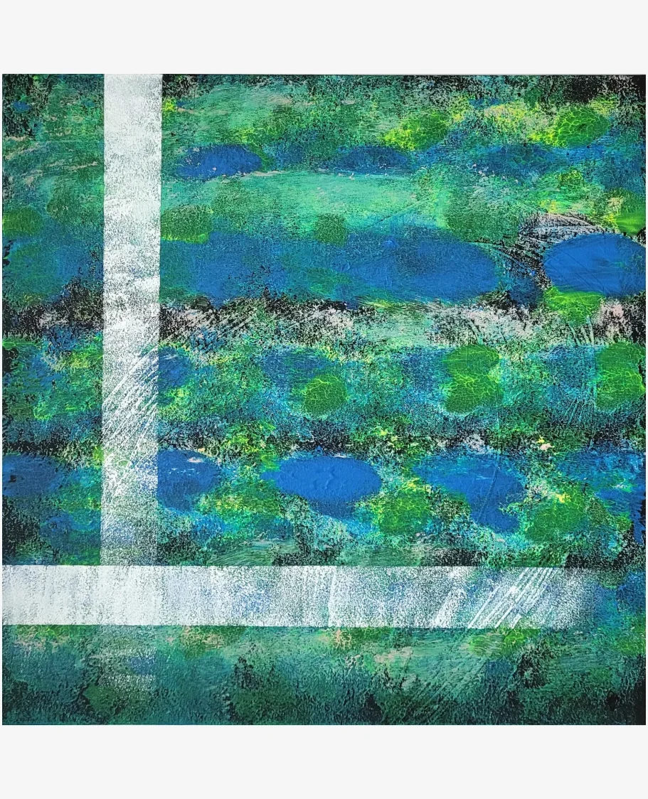 Acryllandschaft „Zwischen den Strömungen“ auf Leinwand in Blau- und Grüntönen, abstrakt, mit klaren Linien, die Bewegung und Ruhe verbinden